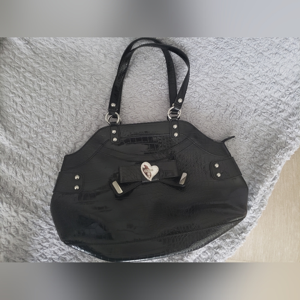 GUESS Black Tote Bag with Silver hardware -with a bow & rhinestones in the logo